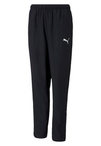 Schwarze Sporthose mit elastischem Bund, schmal zulaufendem Bein und kleinem weißen Puma-Logo auf der linken Seite. Aus leichtem Material.