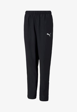 Zwarte sportbroek met een elastische tailleband, taps toelopende benen en een klein wit Puma-logo aan de linkerkant. Gemaakt van lichtgewicht materiaal.