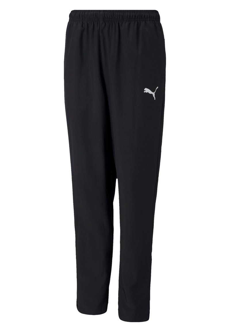Schwarze Sporthose mit elastischem Bund, schmal zulaufendem Bein und kleinem weißen Puma-Logo auf der linken Seite. Aus leichtem Material.