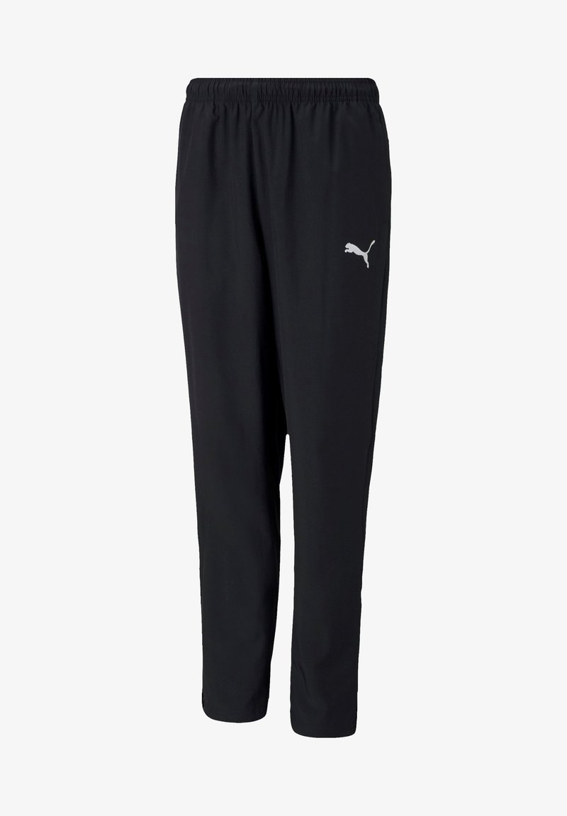 Schwarze Sporthose mit elastischem Bund, schmal zulaufendem Bein und kleinem weißen Puma-Logo auf der linken Seite. Aus leichtem Material.