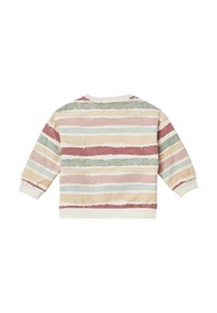 Felpa con maniche lunghe, caratterizzata da righe orizzontali in colori pastello: rosa chiaro, verde, beige e rosso scuro. Tessuto morbido, collo tondo.