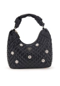 Borsa a tracolla nera trapuntata con manico attorcigliato, impreziosita da accenti di fiori argentati e una placca con il logo, con chiusura a zip e forma rotonda.