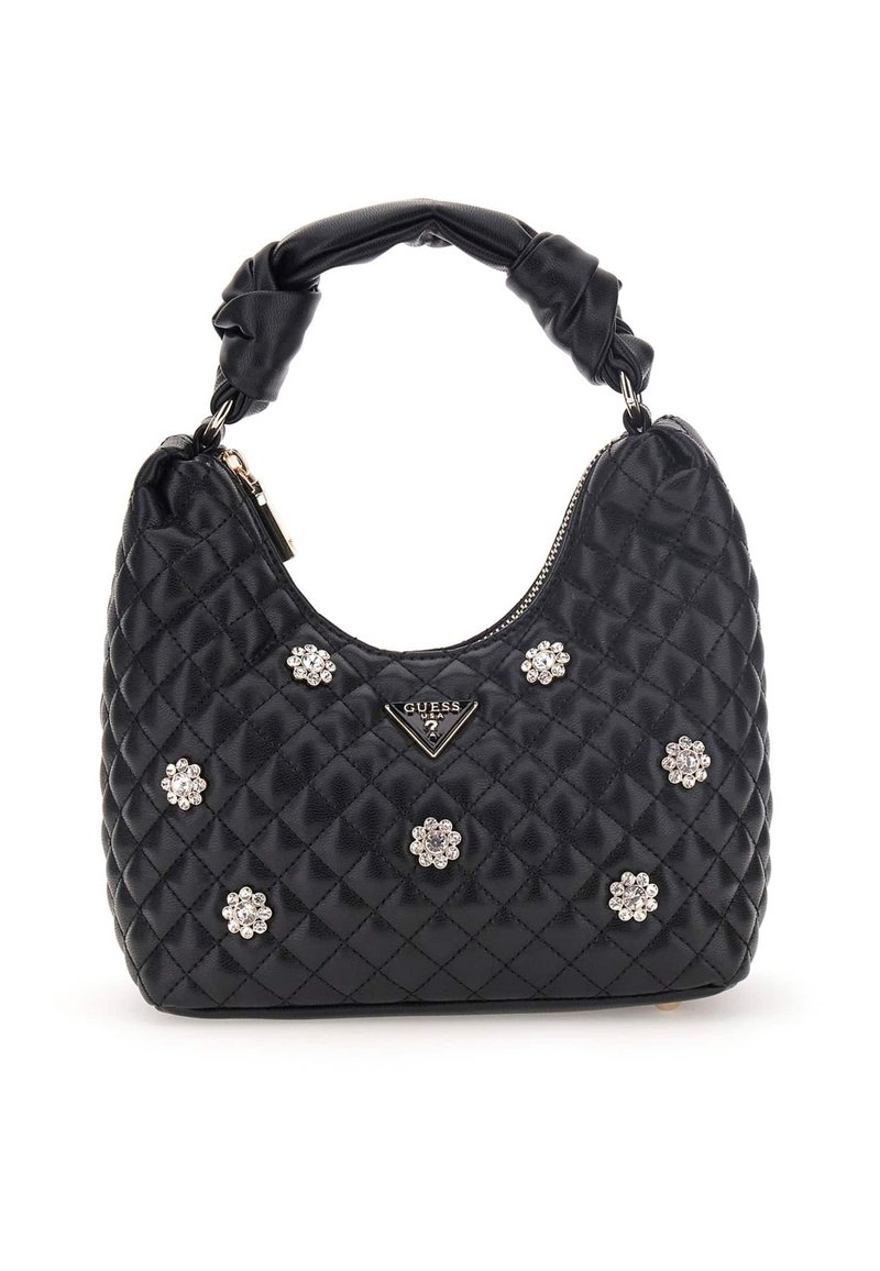 Borsa a tracolla nera trapuntata con manico attorcigliato, impreziosita da accenti di fiori argentati e una placca con il logo, con chiusura a zip e forma rotonda.