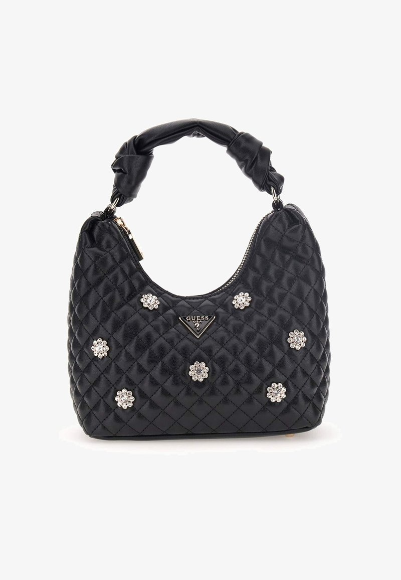 Juodas suklijuotas rankinės krepšys su susuktos rankenos, papuoštas sidabriniais gėlių akcentais ir logotipo lenta, su užtrauktuku ir apvalia forma.