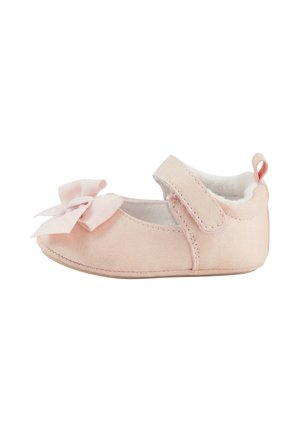 Soft pink baby shoe with velcro strap, plush lining, and large decorative bow on the front, shown from the side on white background.