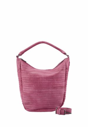 Sac à main en daim rose avec coutures horizontales, une poignée unique en haut et une bandoulière amovible et réglable à côté.