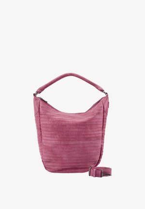 Sac à main en daim rose avec coutures horizontales, une poignée unique en haut et une bandoulière amovible et réglable à côté.