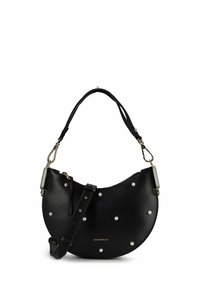 Borsa a mano in pelle nera a forma di mezzaluna, con dettagli dorati e borchie simili a perle. Tracolla regolabile e chiusura con cerniera. Marca: Coccinelle.