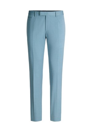 Pantaloni su misura azzurri chiari con passanti per cintura, tasche laterali e chiusura frontale con zip, mostrati su sfondo bianco.