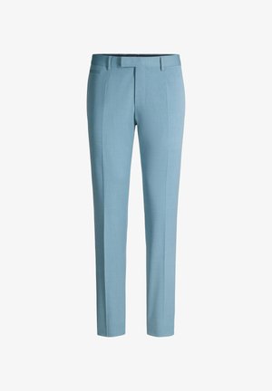 Pantaloni su misura azzurri chiari con passanti per cintura, tasche laterali e chiusura frontale con zip, mostrati su sfondo bianco.