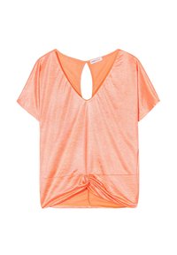Haut à manches courtes en tissu orange vif avec un doux éclat. Présente un dos en trou de serrure et un détail noué au bas de l'ourlet.