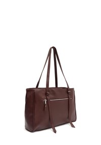 Brown leather tote bag with two long handles, a zippered front pocket, and a sleek rectangular shape. Smooth texture and minimalistic design.