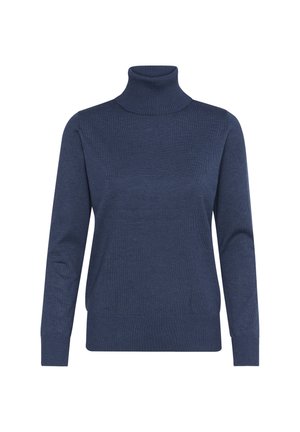 Granatowy sweter z golfem, z długimi rękawami, żebrowanym kołnierzem i dołem, wykonany z miękkiego materiału dzianinowego z delikatnym wzorem teksturowym.