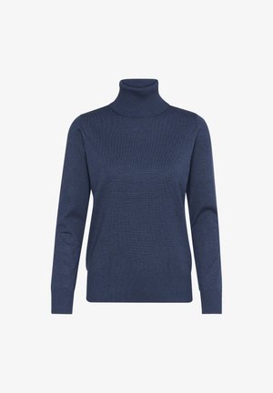 Granatowy sweter z golfem, z długimi rękawami, żebrowanym kołnierzem i dołem, wykonany z miękkiego materiału dzianinowego z delikatnym wzorem teksturowym.