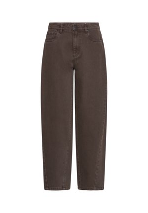 Bruine denim jeans met een rechte pijp en een hoge taille, met een knoop- en ritssluiting aan de voorkant, ceintuurlussen en voor- en achterzakken.