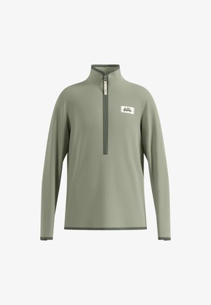 Lichtgroene fleece pullover met een half-rits aan de voorkant, hoge kraag, lange mouwen en een klein wit logo-label op de borst.