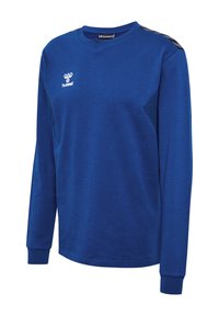 Felpa blu a maniche lunghe con scollo a V, caratterizzata da un logo sul petto e dettagli a motivo sulle spalle. Tessuto morbido.