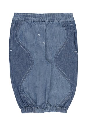 Shorts in denim con vita e orlo elasticizzati, dettagli di cuciture frontali curve e tasche laterali in lavaggio blu medio.