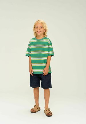 Green striped t-shirt with short sleeves, paired with dark denim shorts and tan sandals. The shirt features horizontal stripes in yellow and blue.