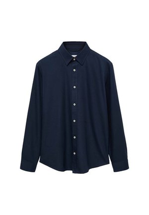 Mørkeblå langærmet skjorte med spids krave, frontknaplukning og lige kant. Lavet af et glat, struktureret stof.
