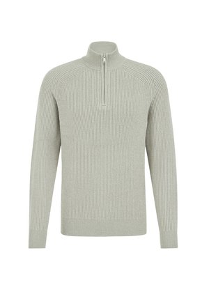Lichtgrijze, geribbelde pullover trui met een kwart-ritskraag, lange mouwen en een gemêleerde afwerking. Voorzien van aansluitende boorden en zoom.