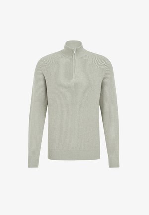 Suéter de pullover en gris claro, con canalé y cuello con media cremallera, mangas largas y un acabado texturizado. Cuenta con puños y dobladillo ajustados.