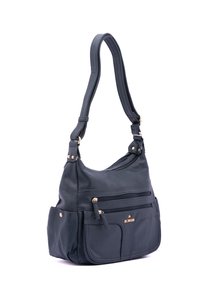 Borsa a mano in pelle blu scuro con finitura testurizzata, dotata di due tasche frontali con zip, hardware dorato e una tracolla singola.