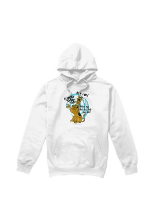 White hoodie with cartoon dog Scooby-Doo sitting and smiling, surrounded by text with phrases like "Scooby Dooby Doo!" and "Ruh-roh!"