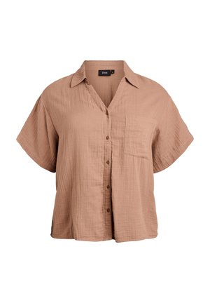 Camisa de manga corta color marrón claro con botones, cuello y un bolsillo en el pecho, hecha de un tejido texturizado y ligero.