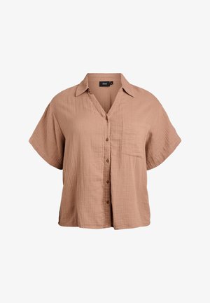 Vaaleanruskea, lyhythihainen nappipaita, jossa on kaulus ja yksi rintatasku, valmistettu teksturoidusta, kevyestä kankaasta.