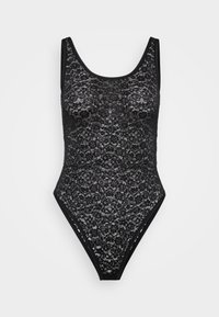 Maillot de bain en dentelle noire avec un motif floral, décolleté arrondi, jambes échancrées, et un contour en noir uni contrastant le long des bords.