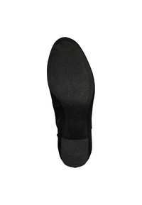 Semelle de chaussure noire avec un motif de grip texturé et un marquage anti-glisse dans la zone du talon, isolée sur fond blanc.