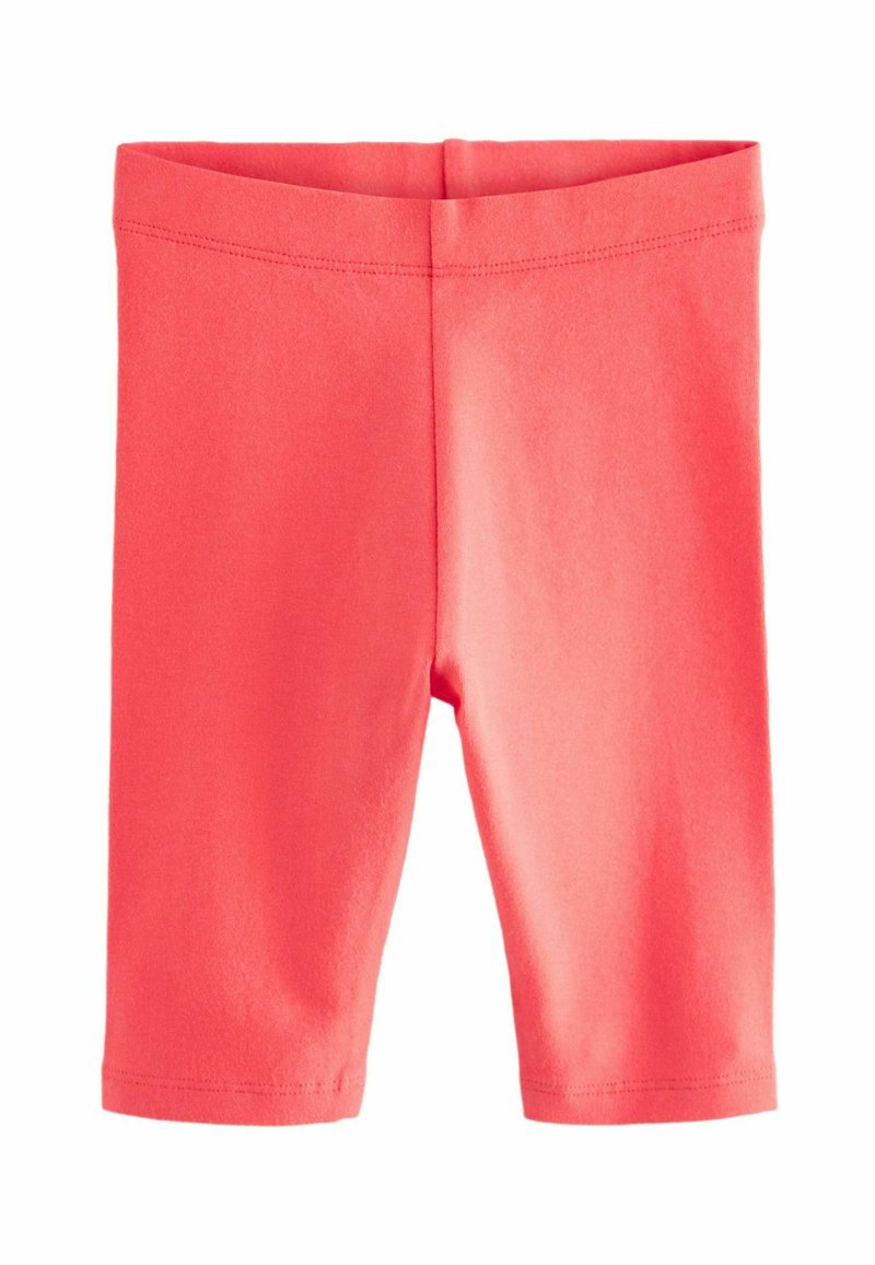 Koralfarvede bomulds cykelshorts med elastisk talje, der har en glat tekstur og knælængde design. Ingen synlige mønstre eller metaldele.