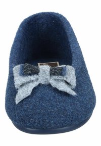 Blue felt slipper with a rounded shape, featuring a gray bow accent. Textured surface, slip-on design, and a flexible sole.