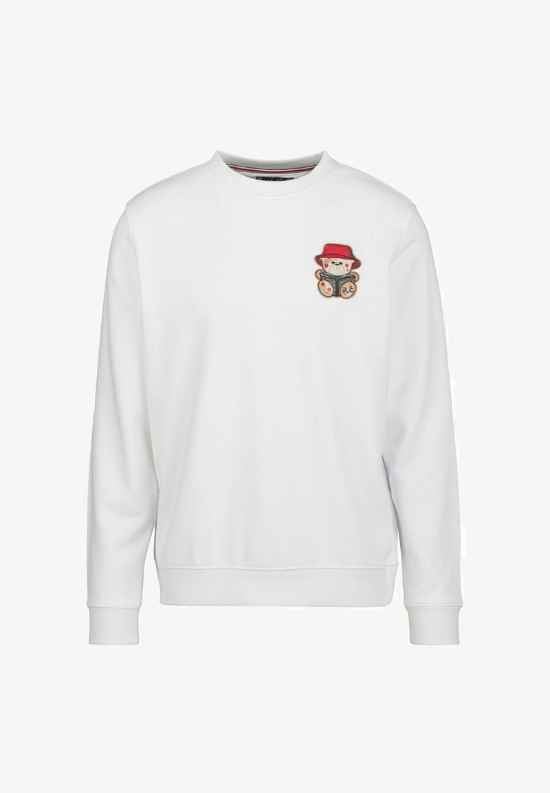 Weißes Sweatshirt mit einem Teddy-Bären-Patch, der einen roten Hut trägt und ein Buch hält. Hergestellt aus weichem Material mit gerippten Bündchen und Saum.