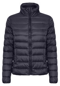 Puffjacke in dunklem Marineblau mit hohem Kragen, Frontreißverschluss, gestepptem Design und glatter, glänzender Nylon-Oberfläche.