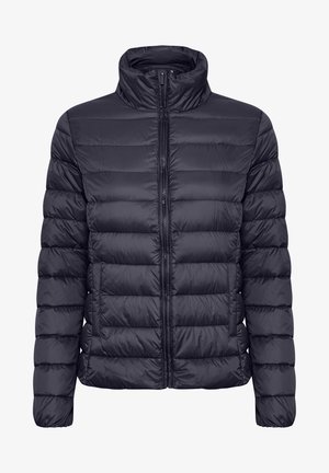 Kurtka puchowa w ciemnym granacie, z wysokim kołnierzem, z przodu zapinana na zamek, o pikowanym wzorze oraz gładkiej, błyszczącej teksturze nylonu.