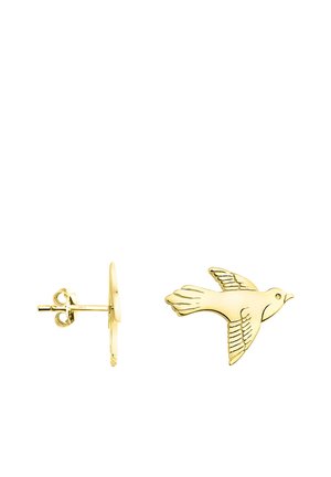 Boucles d'oreilles en forme d'oiseau en or, avec des détails sur les ailes et les textures du corps, présentant un design classique à fermoir à tige pour un port en toute sécurité.