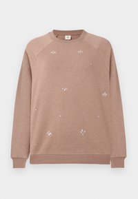 Sweat-shirt marron clair à manches longues avec col rond, poignets et ourlet côtelés, décoré de petites décorations florales brillantes.