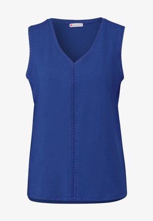 Niebieska bezrękawnik z dekoltem w kształcie litery V, z fakturowanym koronkowym wykończeniem z przodu i gładkim wykończeniem materiału.