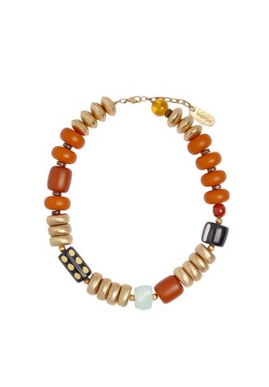 Gruby naszyjnik z koralików z złotymi, bursztynowymi, czarnymi koralikami w kształcie kostek, brązowymi i jasnoniebieskimi koralikami, z złotym zapięciem na łańcuszku i metką marki.