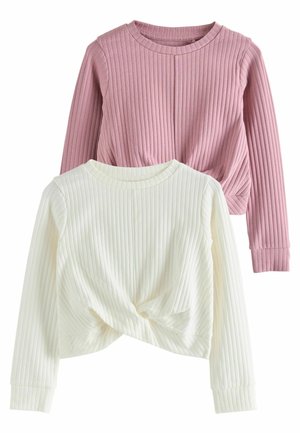 Set bestehend aus zwei langärmeligen Ripp-Tops: eines in Hellrosa und eines in Weiß. Jedes verfügt über einen runden Ausschnitt und ein verdrehtes Knoten-Detail am Saum.