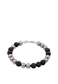 Bracelet en pierres de lave et perles métalliques présentant des couleurs noire et grise, terminé par un fermoir en argent. Les perles rondes varient en texture.
