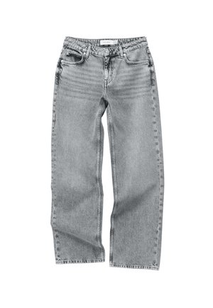 Hellgraue Jeans mit hohem Bund und geradem Bein, ausgestattet mit fünf Taschen, einem Knopfverschluss und dezenten Verwaschungseffekten.