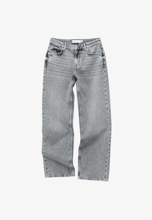 Hellgraue Jeans mit hohem Bund und geradem Bein, ausgestattet mit fünf Taschen, einem Knopfverschluss und dezenten Verwaschungseffekten.