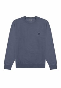 Crewneck sweatshirt med lång ärm i dämpad blå färg med ribbade muddar, nederdel och en liten mörkblå Wrangler-logotyppatch på vänster bröst.