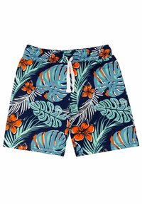 Miesten uimapuvun shortsit, joissa on tummansininen tausta ja teal-vihreiden lehtien sekä oranssien kukkien kuvio. Elastaanivyötärö ja valkoinen nyöri.