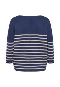Pull bleu marine avec des rayures horizontales beiges au bas du dos et sur les manches, doté d'une coupe ample et d'un décolleté bateau.