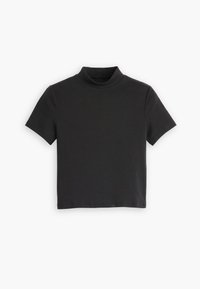 Top noir à manches courtes et col montant, fabriqué dans un tissu lisse et extensible, avec une silhouette ajustée et des coutures minimales.