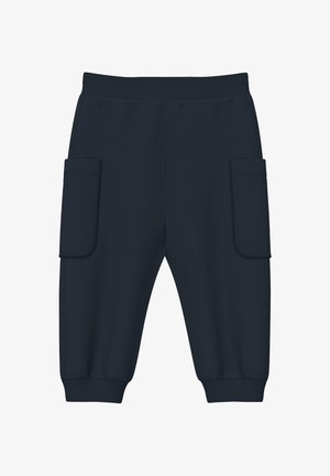 Navy blue cropped cargo pants with elastic waistband, side flap pockets, and elastic cuffs at ankles.